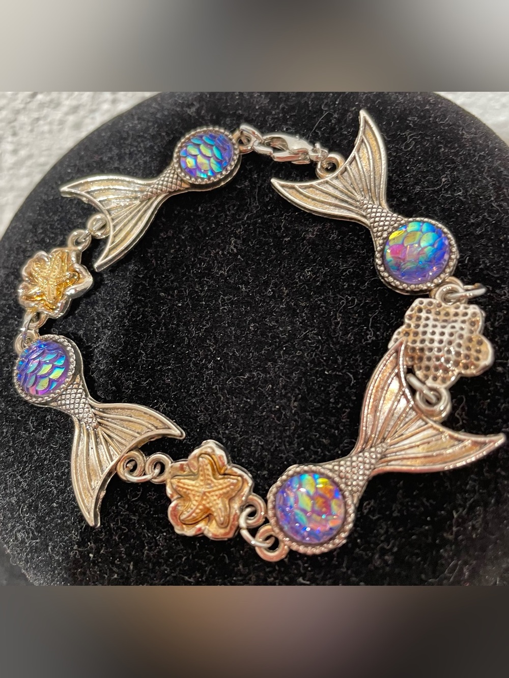Silver Mermaid Tail Bracelet with Iridescent Blue Accent Approx 7” Length